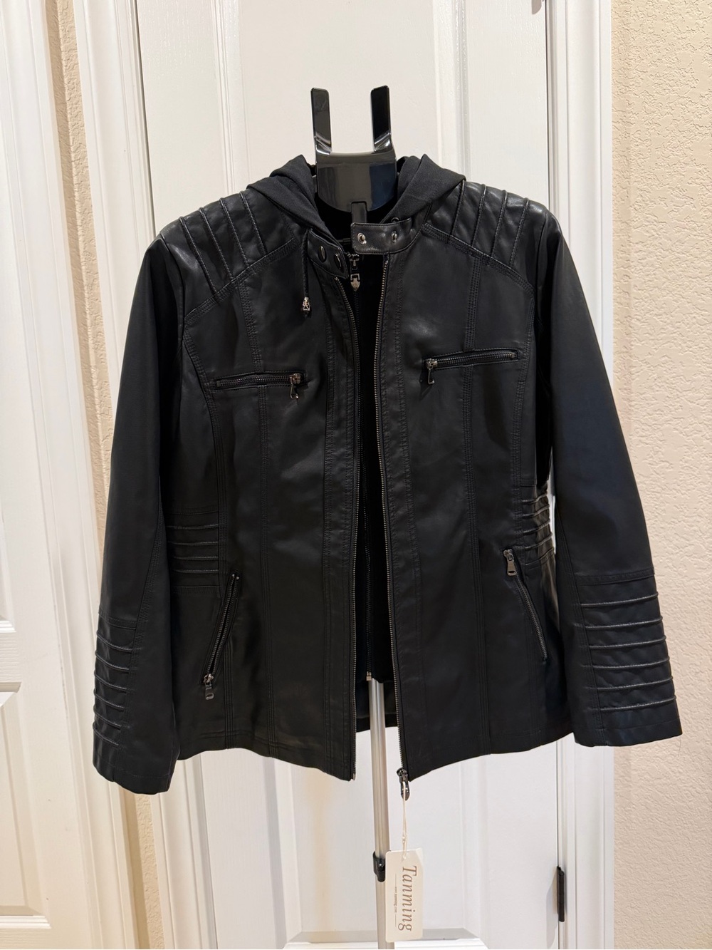 Tanming Faux Leather Hooded Women’s Jacket